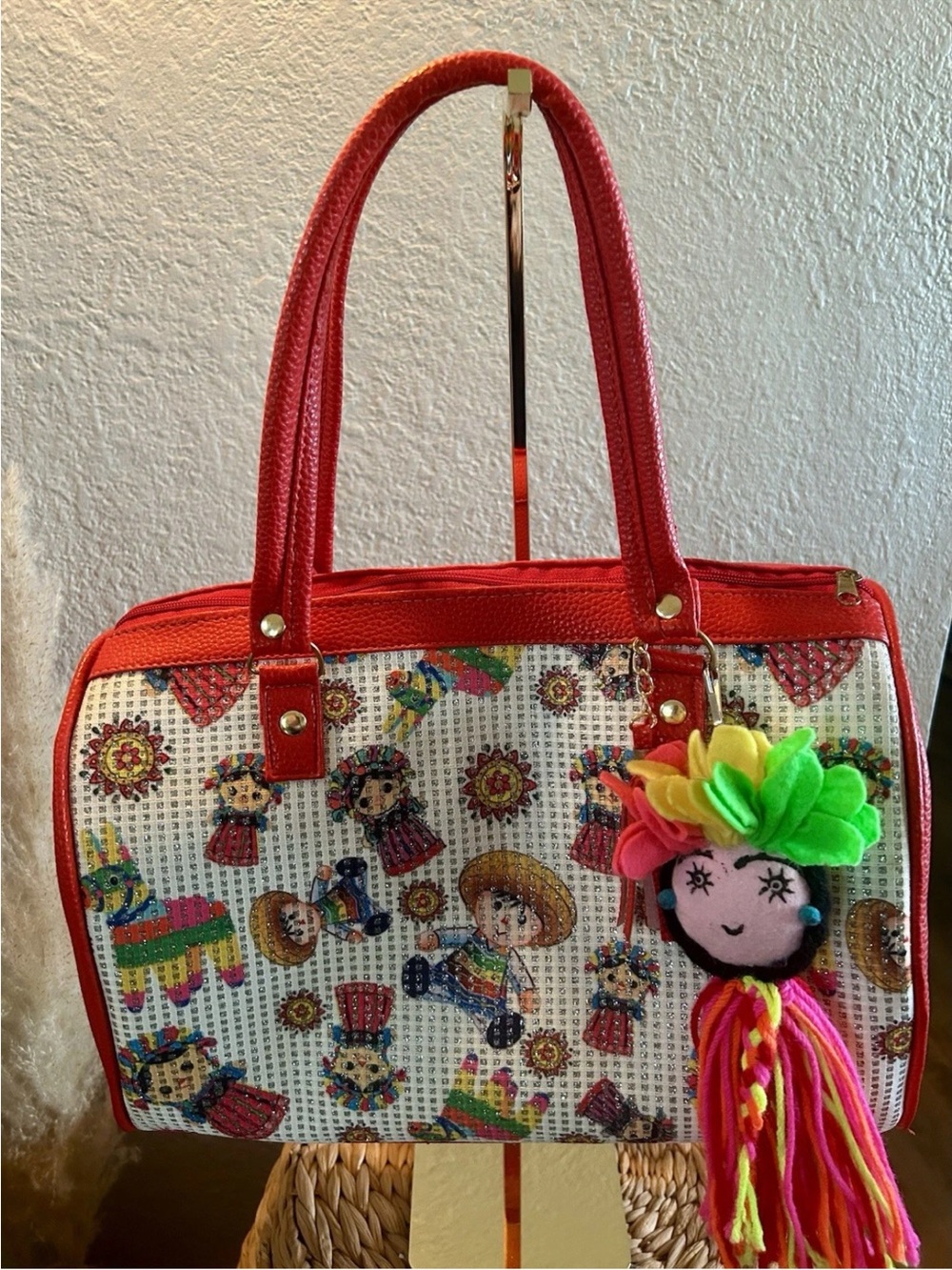 Vintage Mexican Folk Art Woven Frida Kahlo Lele Doll Satchel Purse Red No Strap